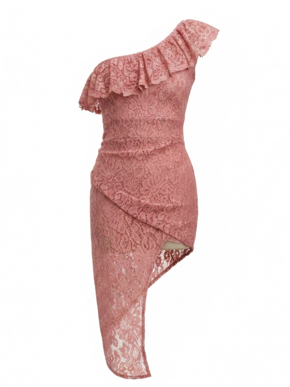 Off Shoulder Lace Asymmetrical Dress in Dark Rose